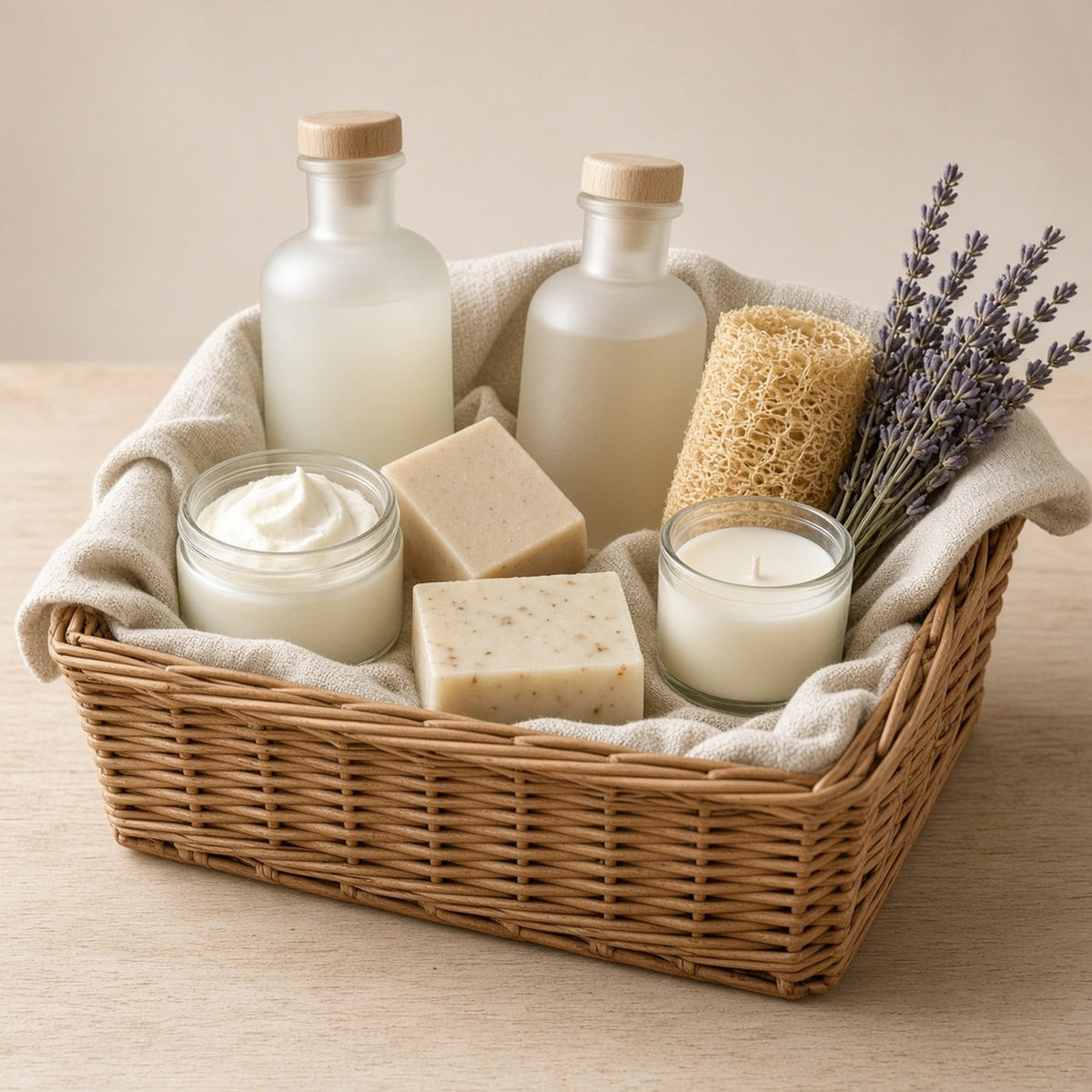 A wicker gift hamper of bath and body treats with soaps, a candle and a sprig of lavender
