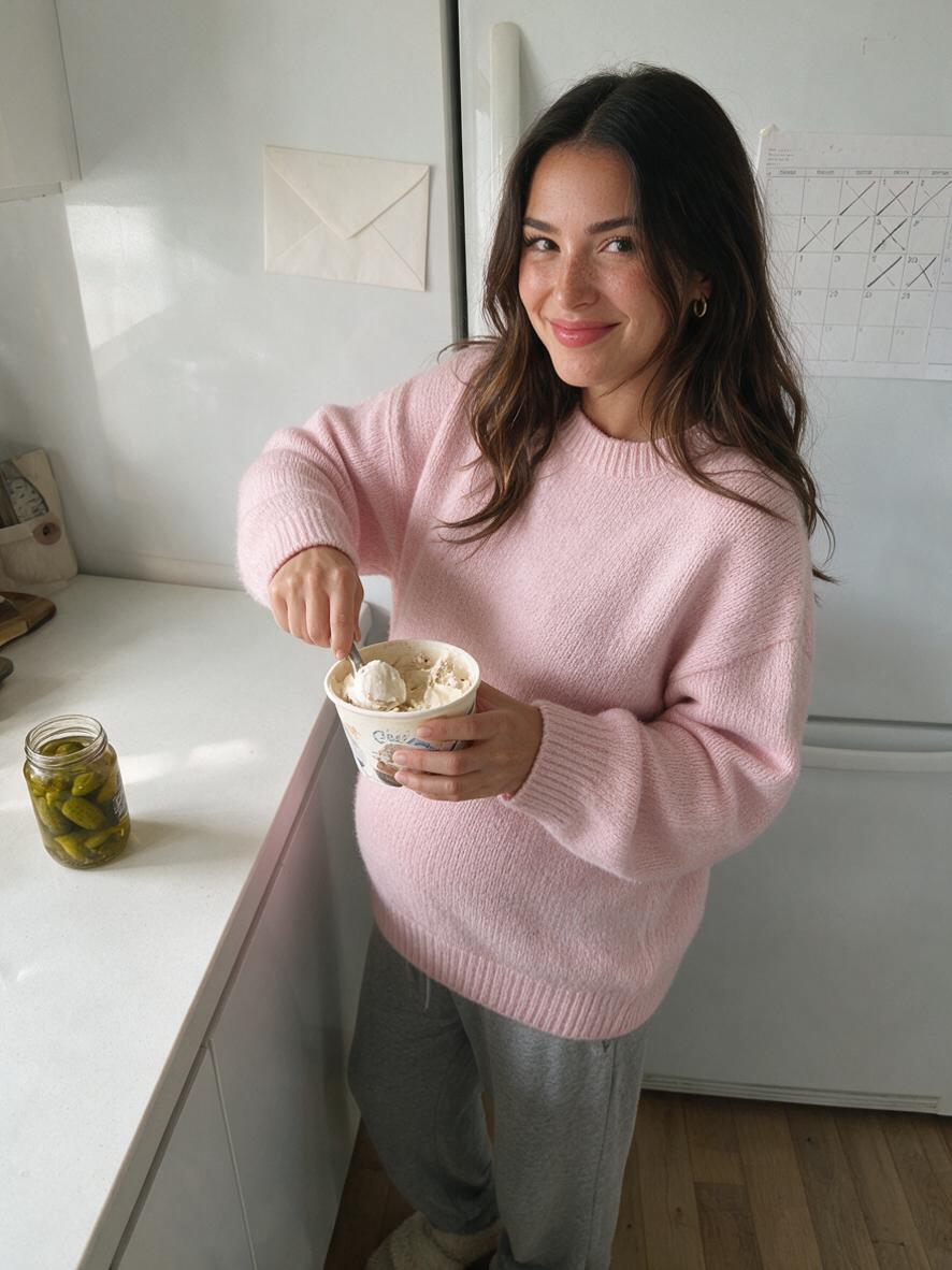 Pia in a cosy pink jumper at home, getting ready for baby (AI-generated)