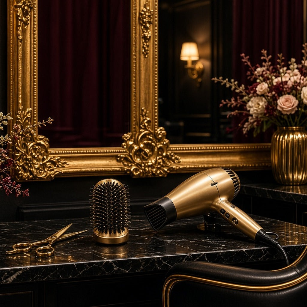 Mayfair Crown Cut & Blow-Dry – Black leather salon chair, gold scissors, brush and gold hairdryer on black marble with gilded mirror and flowers (product image, invented unbranded)