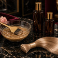 Champagne Gloss Colour & Shine Treatment – Glass bowl of gloss with gold tint brush, unbranded amber bottles, champagne hair swatch on black marble with blush roses (product image, invented unbranded)