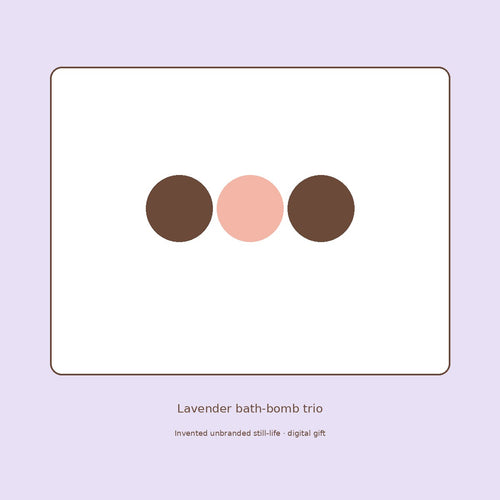 Unbranded lavender bath-bomb trio still-life (invented unbranded)