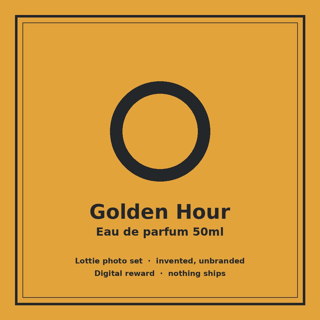 Unbranded Golden Hour perfume bottle on pub wood (product image, invented unbranded)