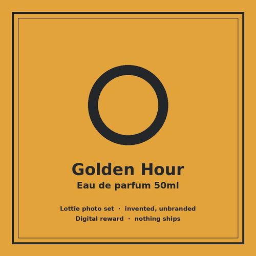Unbranded Golden Hour perfume bottle on pub wood (product image, invented unbranded)