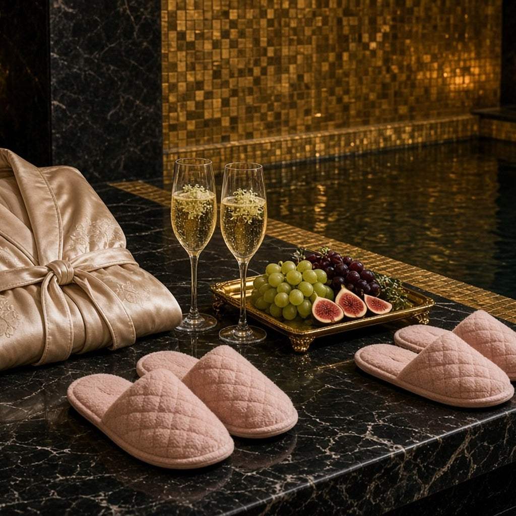 Gilded Spa Day for Two – Two champagne robes, blush slippers, elderflower glasses and fruit tray by a gold-mosaic spa pool (product image, invented unbranded)