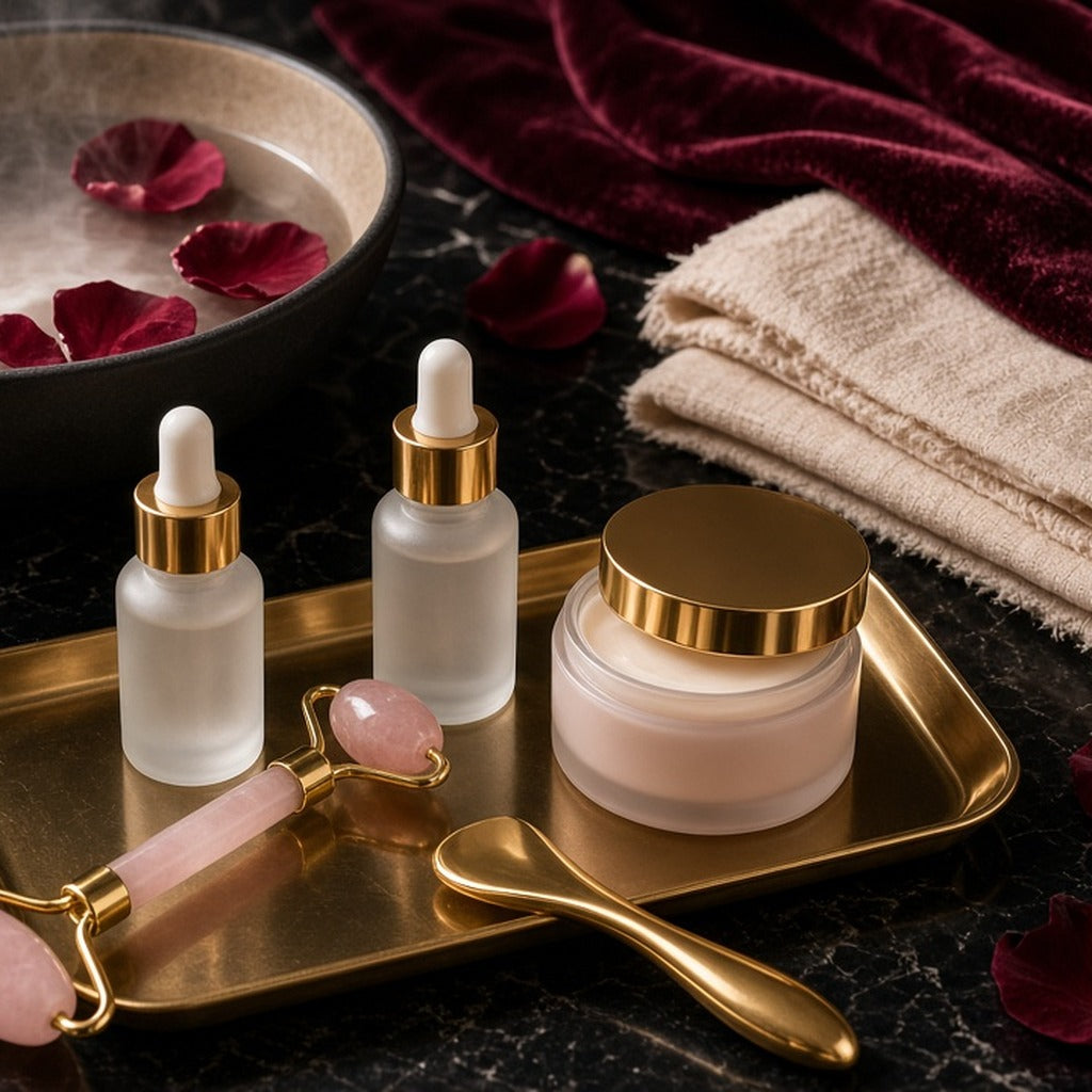 Champagne Glow Signature Facial – Frosted serum bottles, blush cream jar, rose quartz roller and gold tool on a gold tray with rose-petal bowl (product image, invented unbranded)