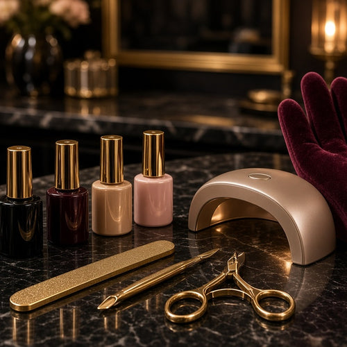 Black Velvet Luxury Gel Manicure – Unbranded gel polish bottles in black, burgundy, champagne and blush with gold tools, LED lamp and velvet hand cushion (product image, invented unbranded)