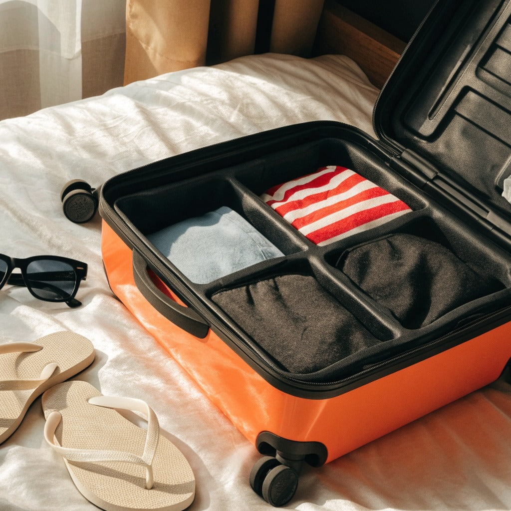 Unbranded coral hard-shell suitcase open on a bed (product image, invented unbranded)