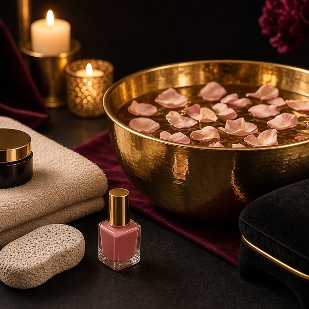 Rose Petal Pamper Pedicure – Gold footbath with rose petals, champagne towel, scrub jar, pumice, blush polish and black velvet footstool (product image, invented unbranded)