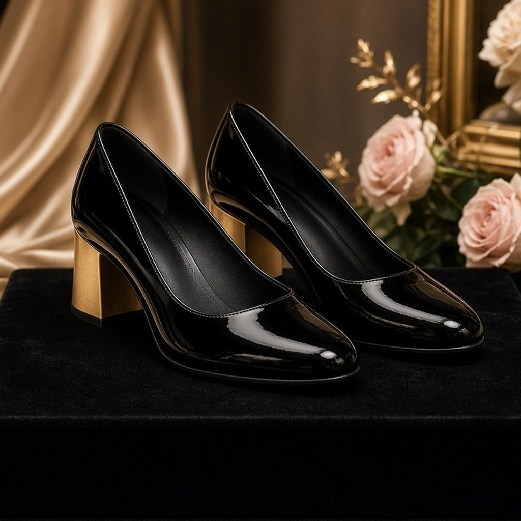 Midnight Patent Gold Block Heels – Black patent pumps with low gold block heel on a black velvet plinth with champagne silk and roses (product image, invented unbranded)