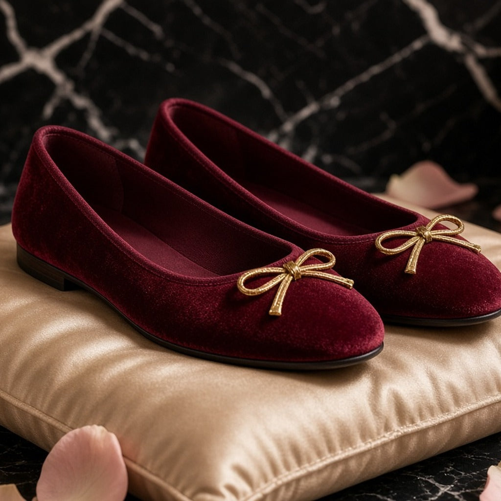 Bordeaux Velvet Bow Ballet Flats – Burgundy velvet ballet flats with gold bows on a champagne satin cushion on black marble (product image, invented unbranded)