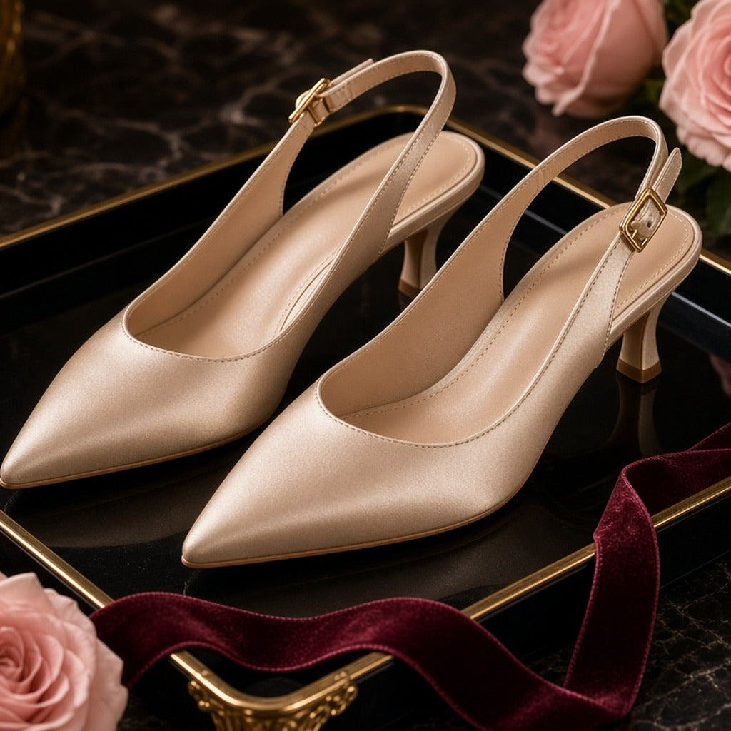 Champagne Satin Kitten-Heel Slingbacks – Champagne satin low kitten-heel slingbacks on a black lacquer tray with blush roses and burgundy ribbon (product image, invented unbranded)