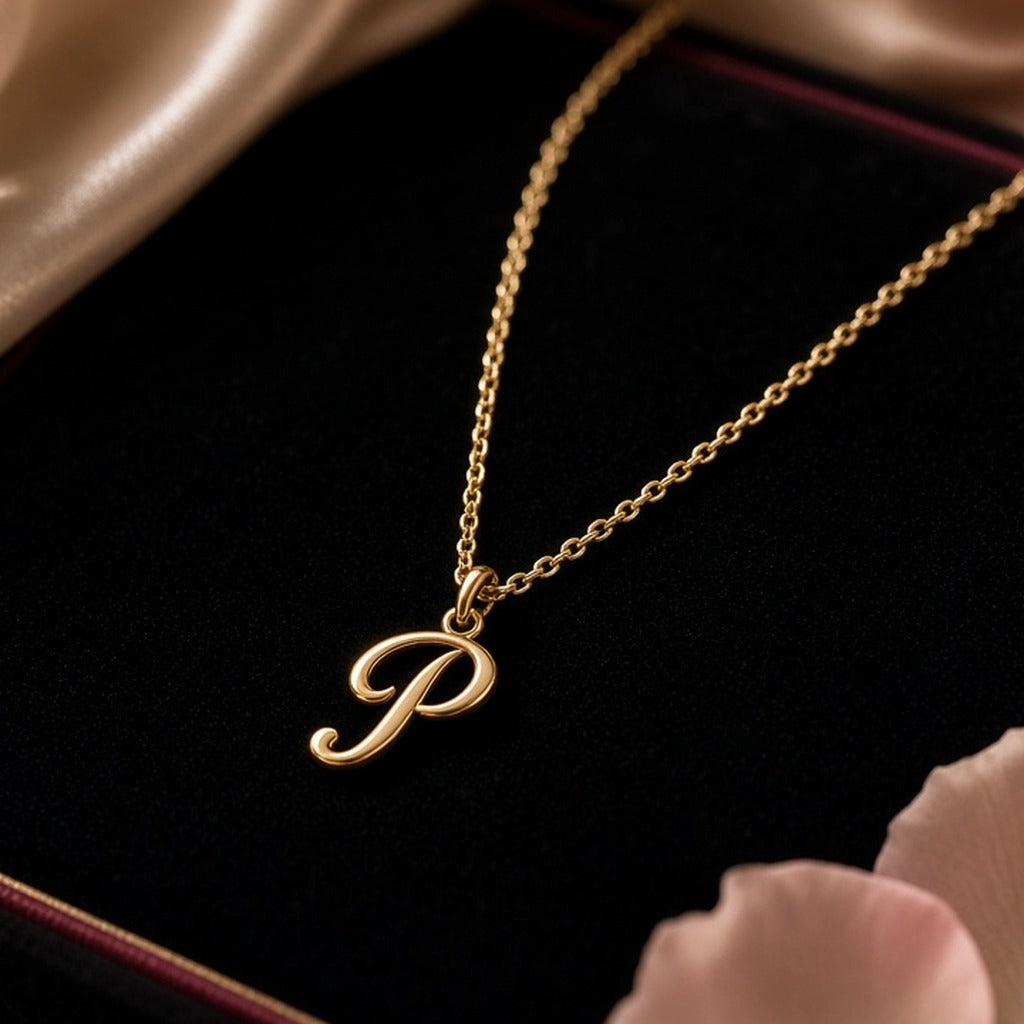 Gilded Initial Pendant Necklace – Gold script initial pendant on a fine chain in a black velvet box with champagne silk and rose petals (product image, invented unbranded)