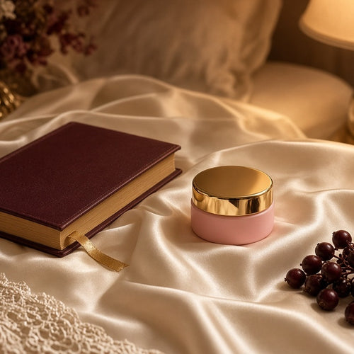 Berry Kiss Overnight Lip Balm – blush lip balm pot with gold lid on cream satin bedding beside a book and cherries