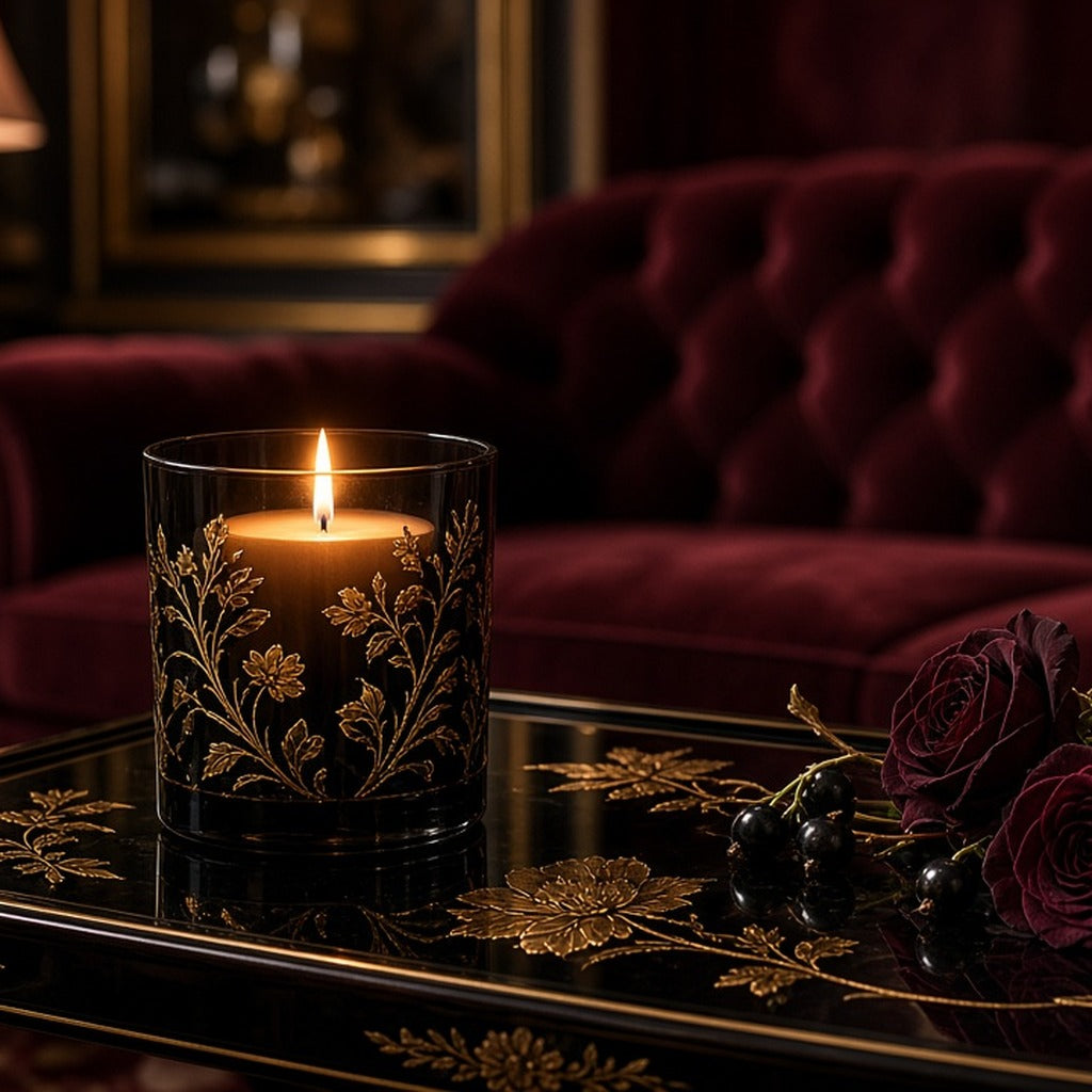 Black Rose & Cassis Gilded Candle – lit black-and-gold etched candle on black lacquer table, burgundy velvet sofa