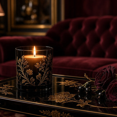 Black Rose & Cassis Gilded Candle – lit black-and-gold etched candle on black lacquer table, burgundy velvet sofa