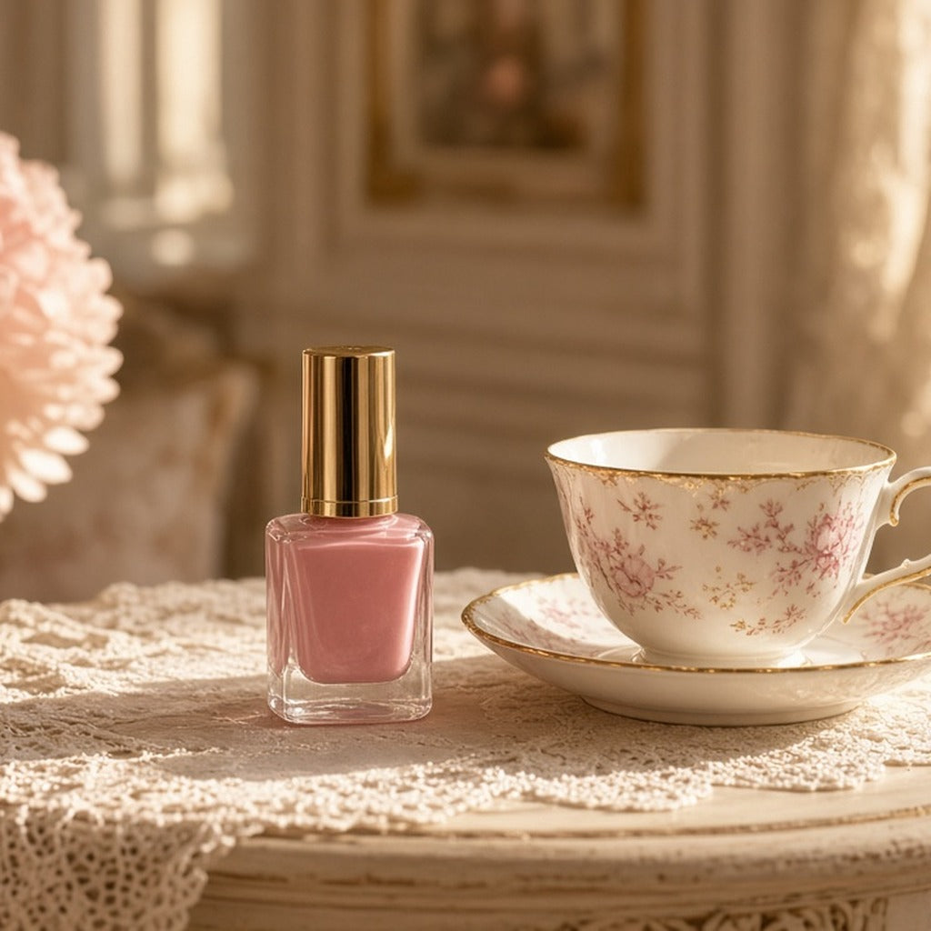 Blush Petal Sheer Lacquer – blush-pink nail polish beside a floral teacup on a lace table
