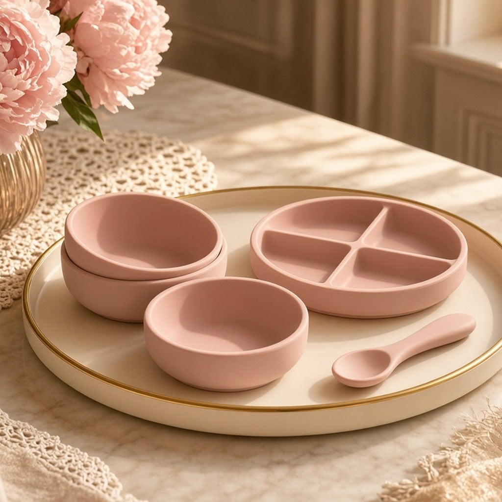 Blush Petal Weaning Bowl Set – blush silicone weaning bowls, plate and spoon on gold-rimmed tray