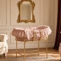 Blush Rose Frilled Moses Basket – blush frilled Moses basket on gold stand