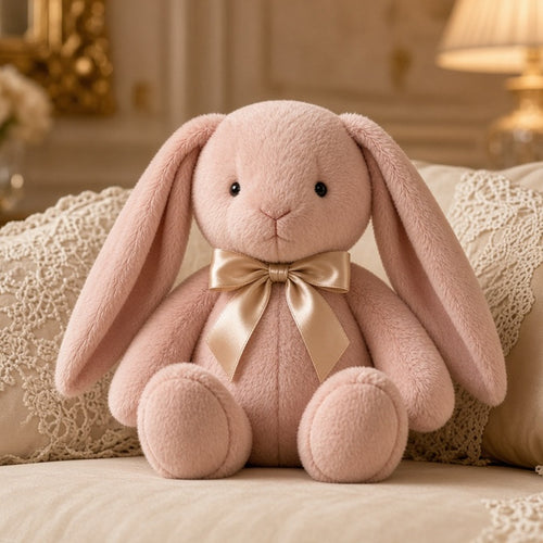 Blush Velvet Floppy-Ear Bunny – blush floppy-ear bunny with satin bow on cream sofa