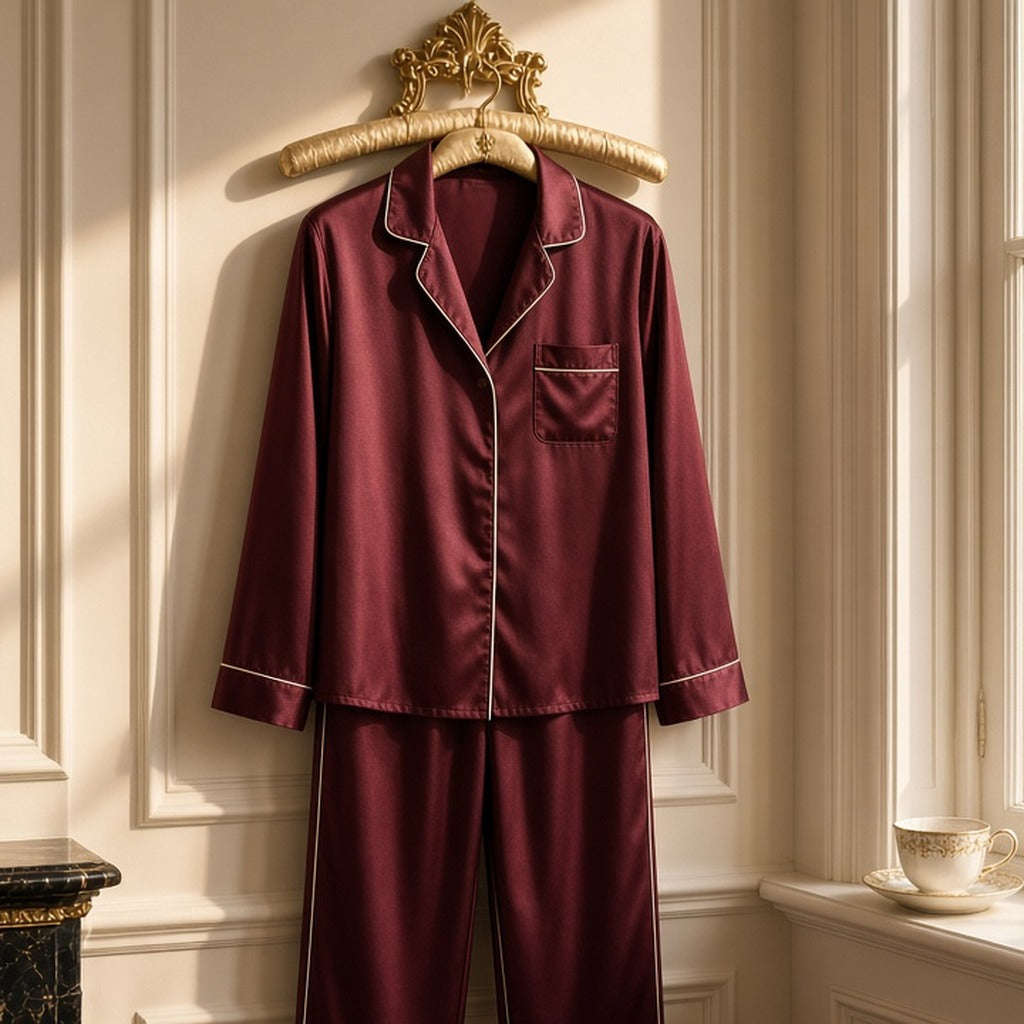 Burgundy Silk-Satin Lounge Pyjamas – burgundy satin pyjamas with cream piping on gold hanger