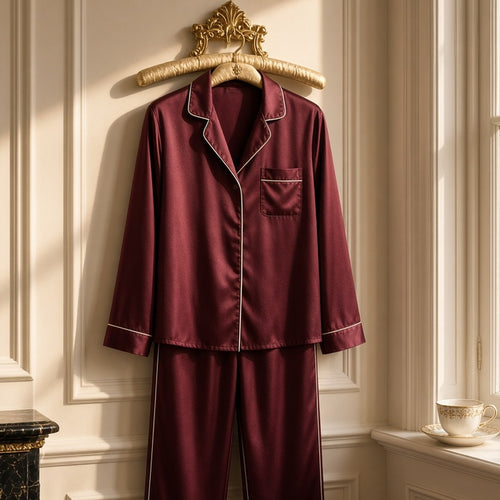 Burgundy Silk-Satin Lounge Pyjamas – burgundy satin pyjamas with cream piping on gold hanger