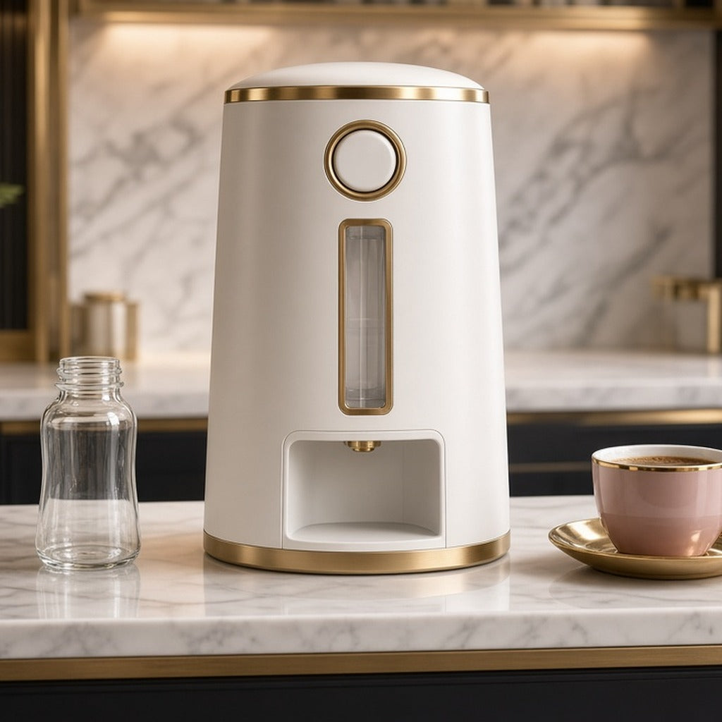 Chalk & Gold Bottle Prep Maker – white-and-gold bottle prep / formula machine on marble counter