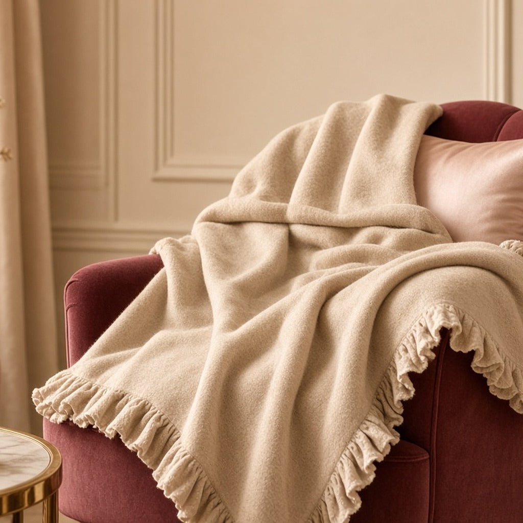 Champagne Cashmere Frill Blanket – champagne frilled knit blanket over burgundy velvet chair