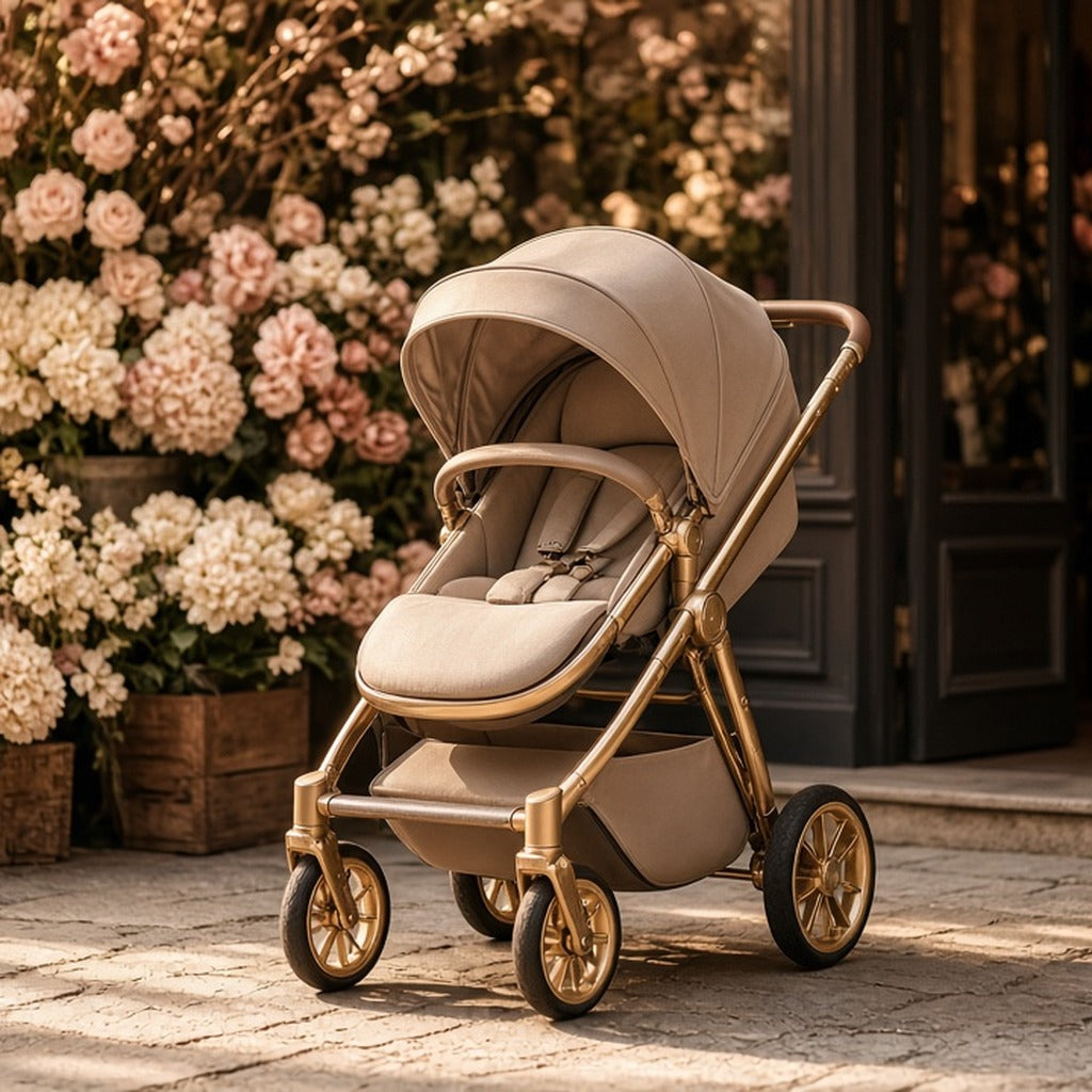 Champagne Latte City Stroller – latte/beige city stroller with gold frame outside a flower shop