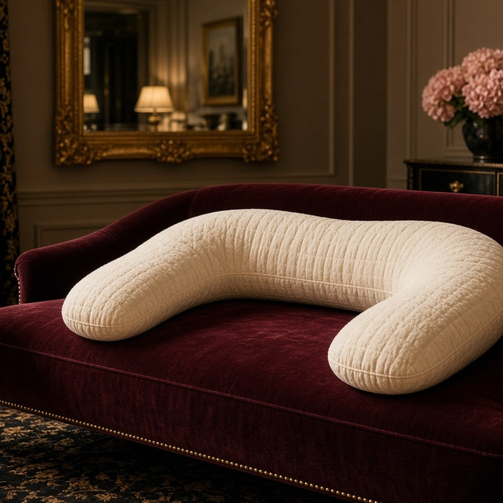Cloud Cream Bump Support Pillow – cream U-shaped support/nursing pillow on burgundy velvet sofa