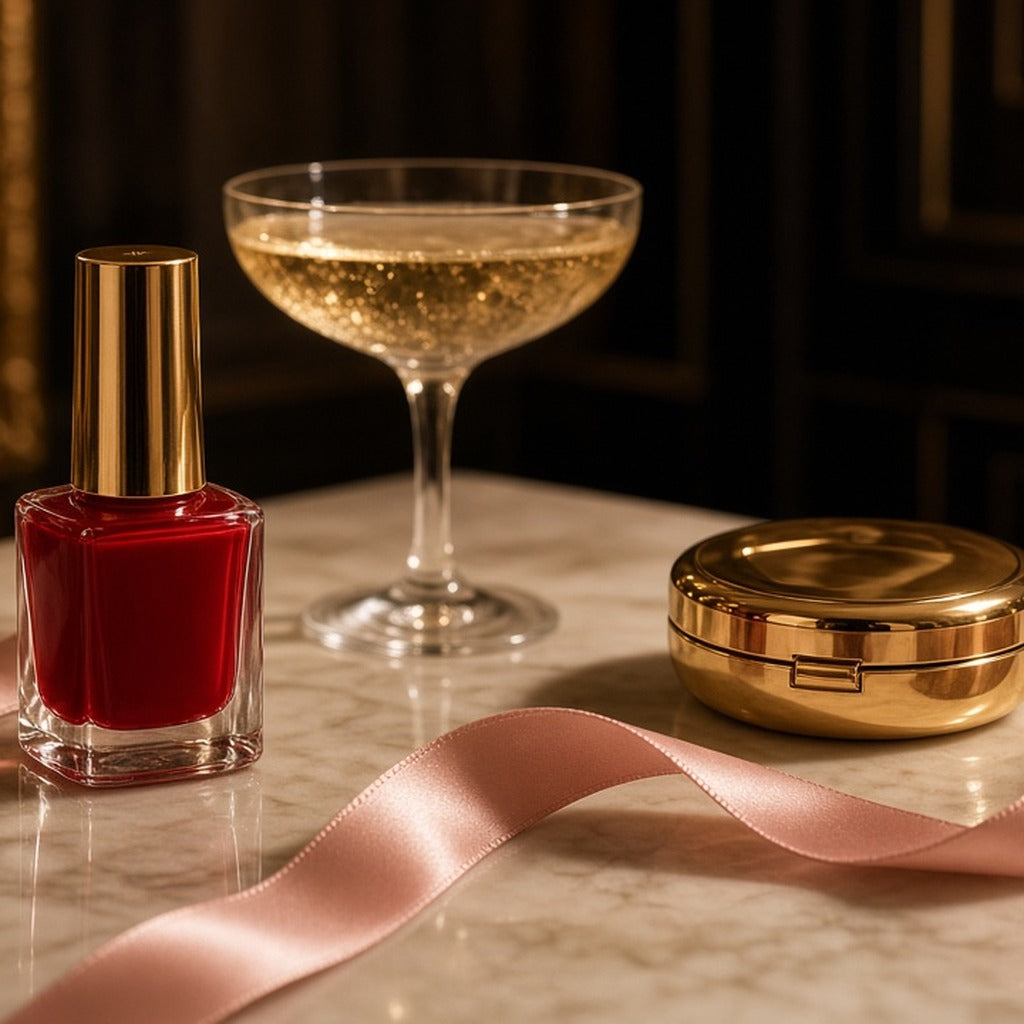 Couture Scarlet Gel-Shine Lacquer – scarlet red nail polish with champagne coupe and gold compact on marble