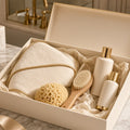 Cream Cloud Bath Ritual Set – cream baby bath gift box with hooded towel, sponge, brush, bottles