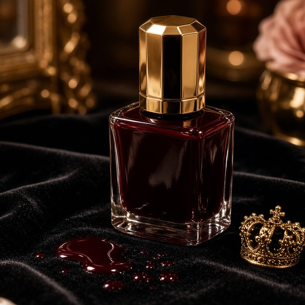Crown Jewel Black-Cherry Lacquer – black-cherry nail lacquer bottle with gold cap on black velvet