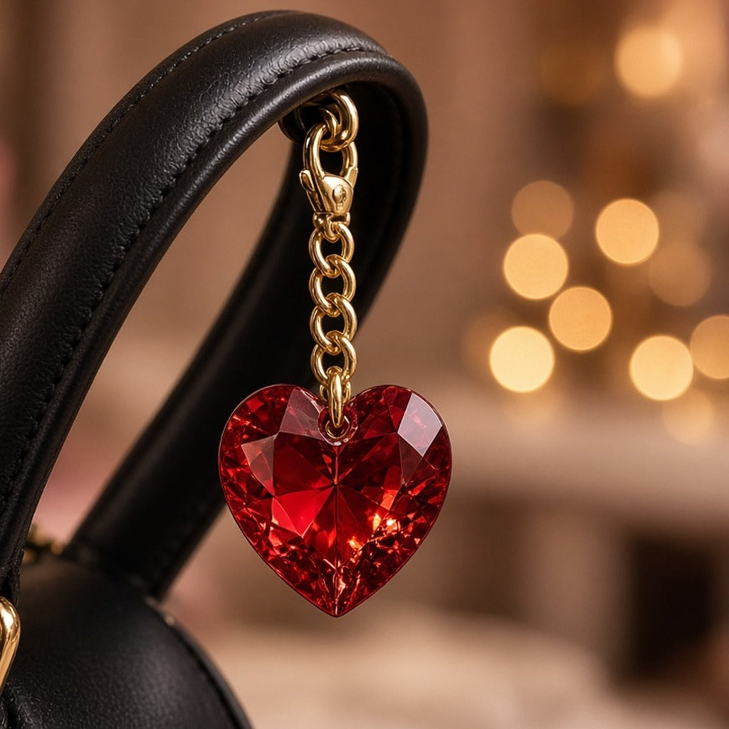 Crystal Heart Pram Charm – red crystal heart charm on gold chain hanging from black bag handle