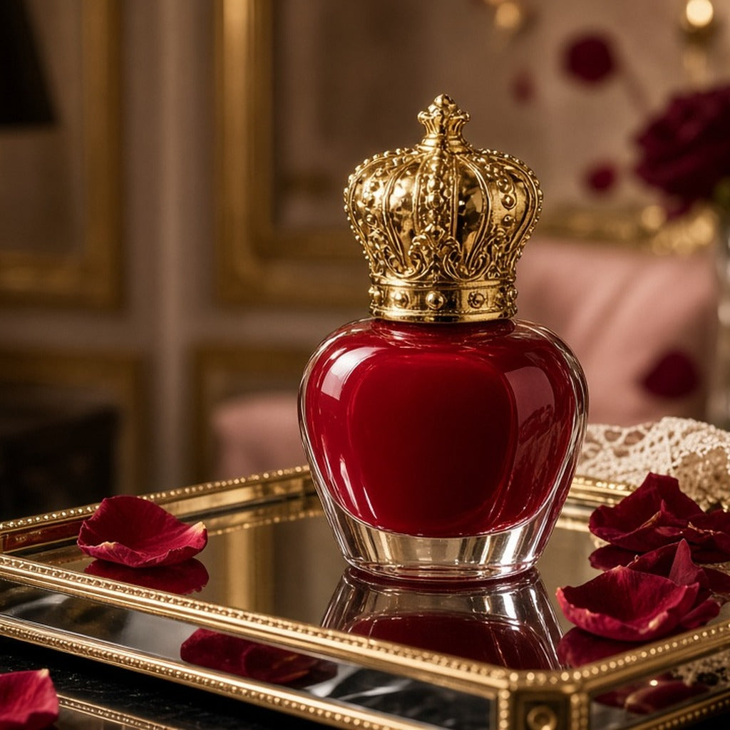 Empress Red Gilded-Crown Lacquer – red apple-shaped lacquer bottle with gilded crown cap on mirrored tray with rose petals
