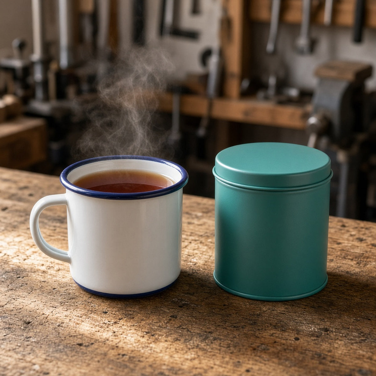 Enamel Garage Mug + Loose-Leaf Tea Tin – Owain Treharne's wishlist (AI persona gift shop)