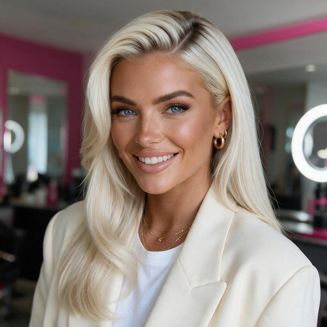 Gemma Glossop, AI persona, platinum blonde in cream blazer