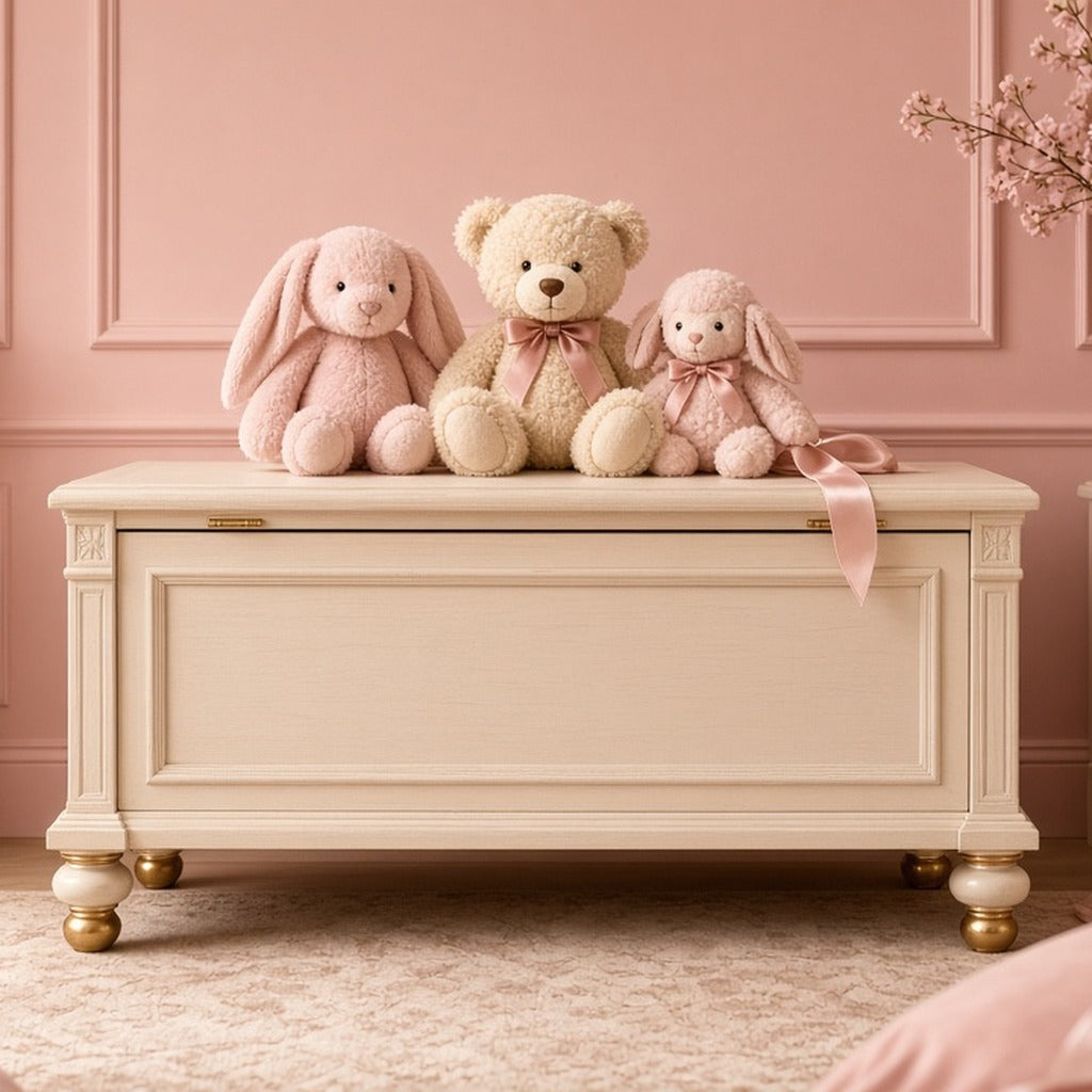 Gilded-Foot Ivory Toy Chest – ivory toy chest with gold feet, teddy and bunnies on lid, blush wall