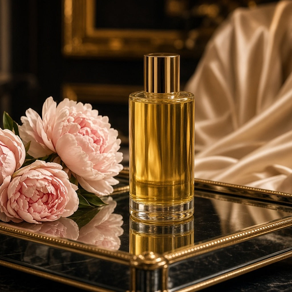 Golden Glow Bump Oil – gold-capped golden body oil bottle with peonies on mirrored tray