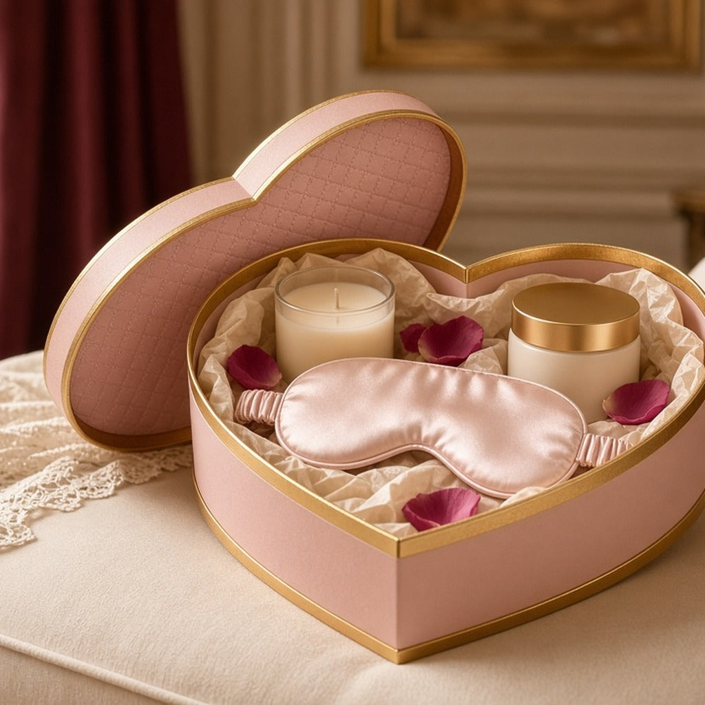 Heart of Gold Mum-to-Be Pamper Box – pink heart-shaped pamper box with candle, eye mask, jar, petals
