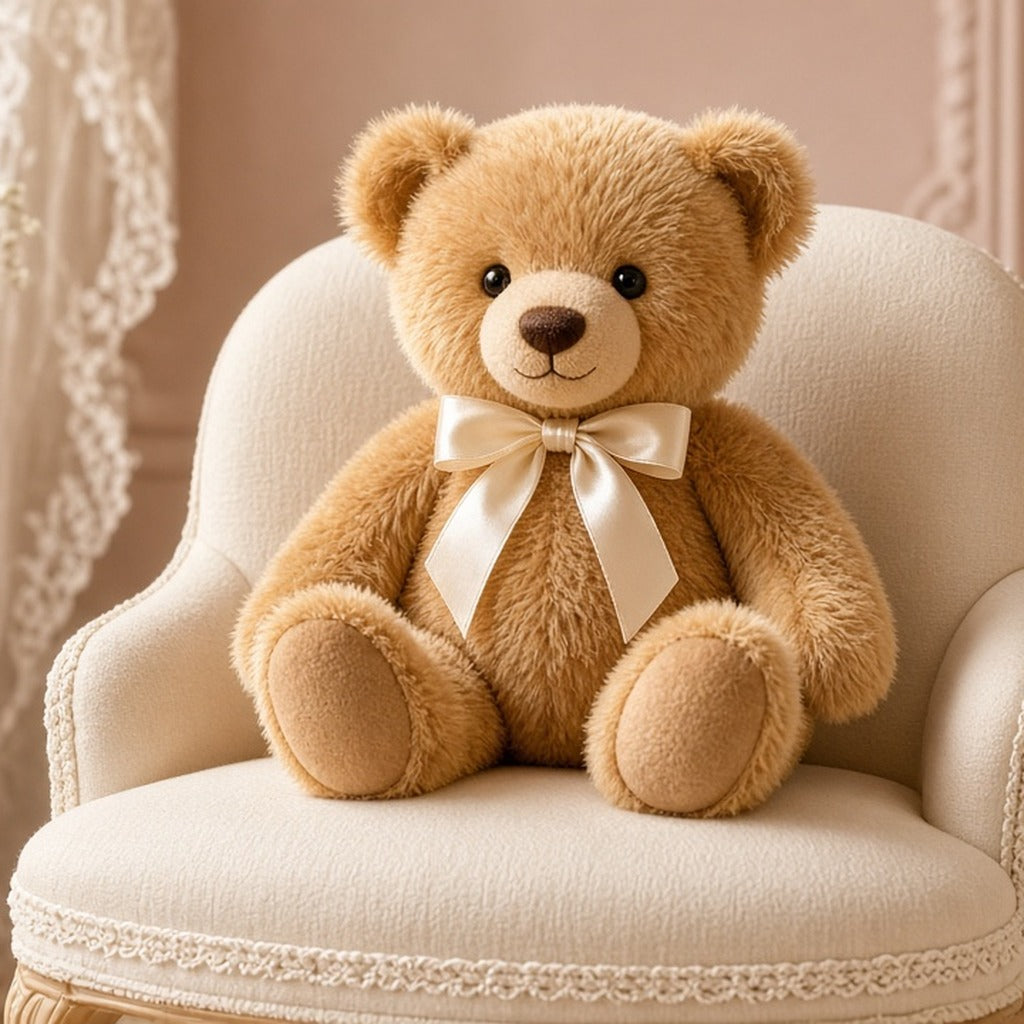 Honey Velvet Heirloom Teddy – honey teddy bear with cream satin bow on cream chair