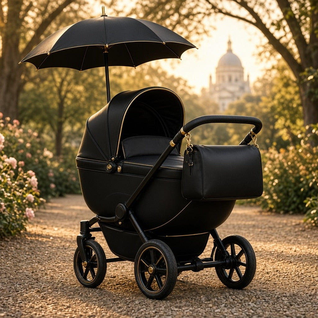 Jet Noir Regent Pram Bundle – black pram with matching parasol and bag in park, domed building behind