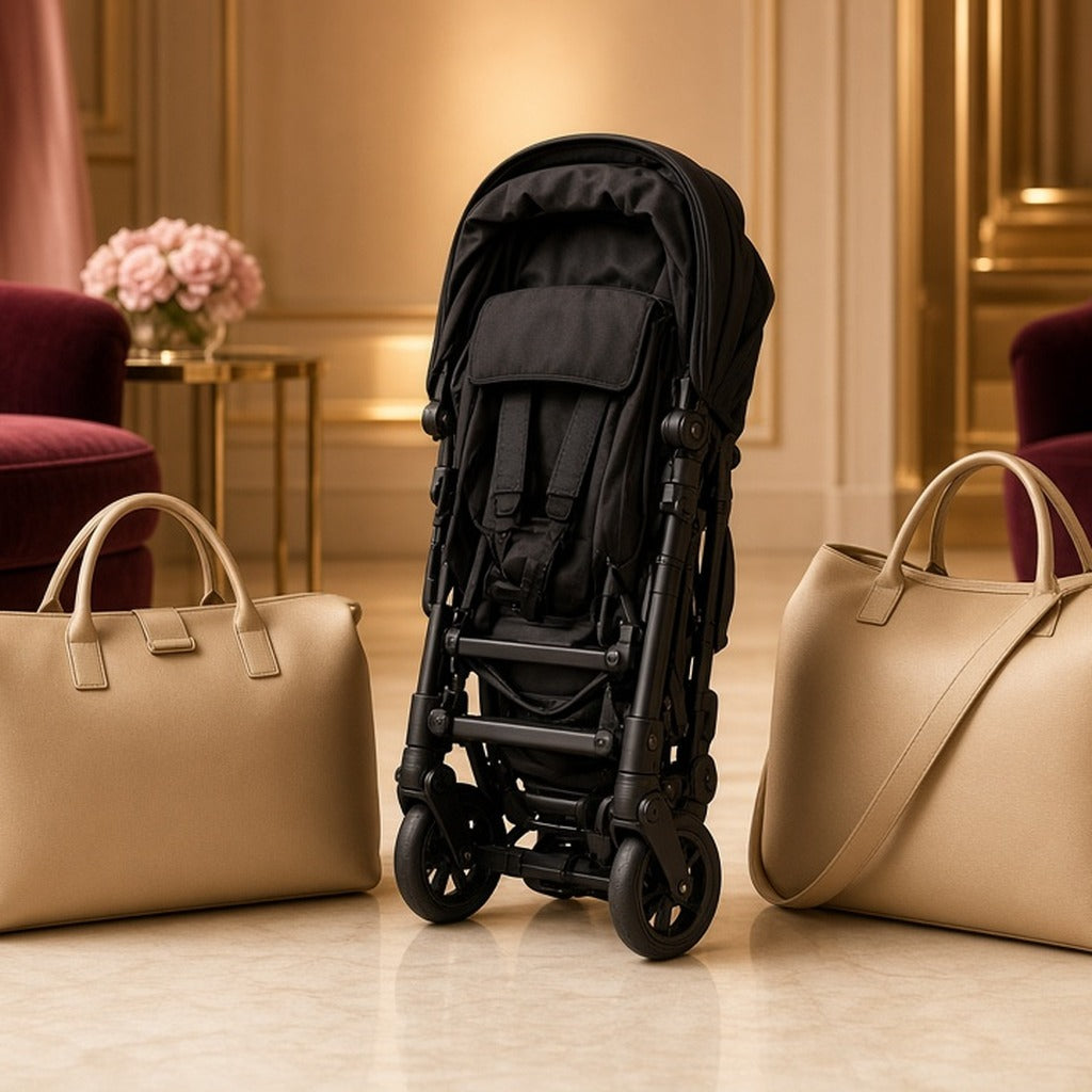 Jet-Set Noir Cabin Stroller – folded black cabin stroller between two beige leather bags