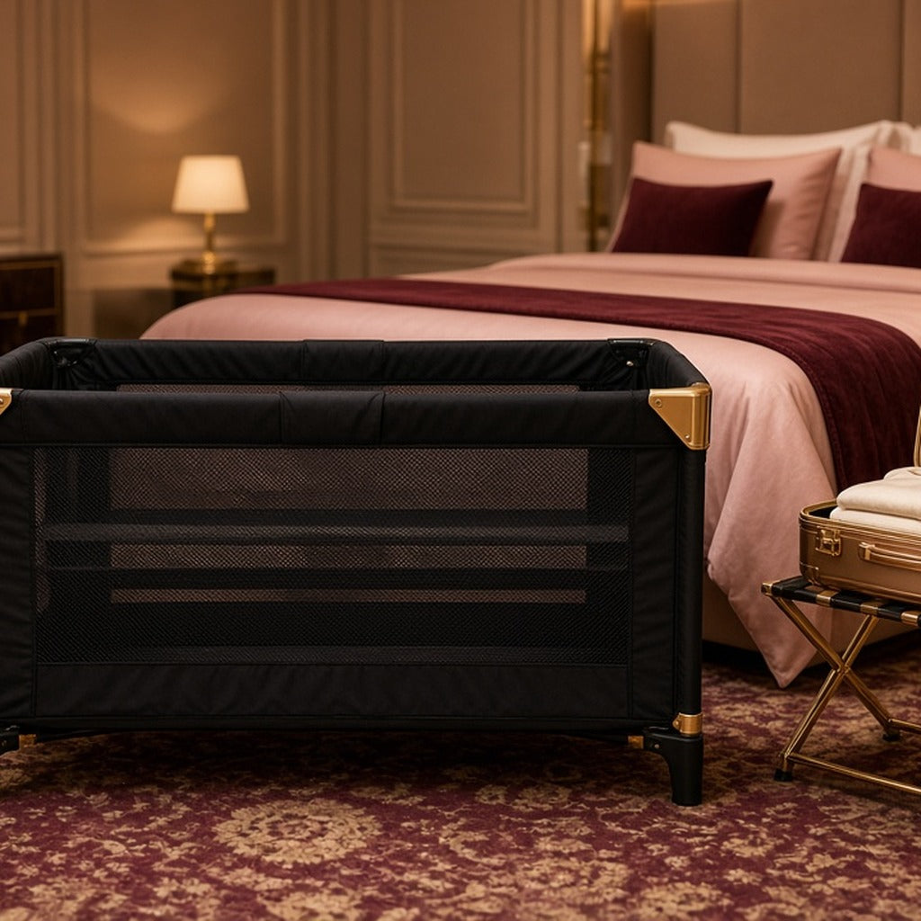 Midnight Getaway Travel Cot – black travel cot with gold corners in hotel suite