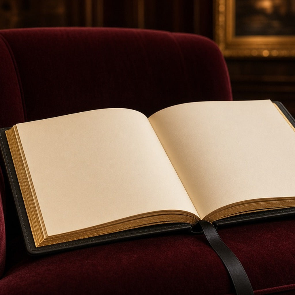 Midnight Leather Bump-to-Baby Album – open album with gilt-edged blank pages on burgundy velvet chair