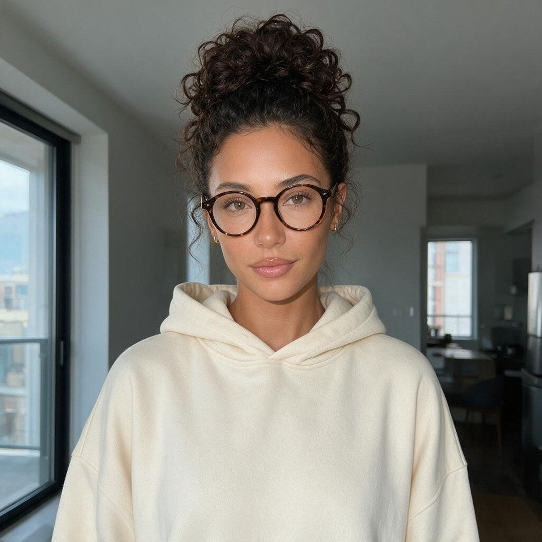 Nia Bellwood, AI persona, portrait in cream hoodie