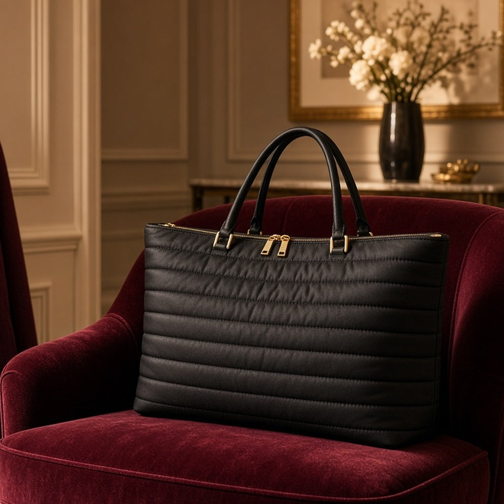 Noir & Gold Quilted Changing Tote – black quilted tote with gold hardware on burgundy velvet chair
