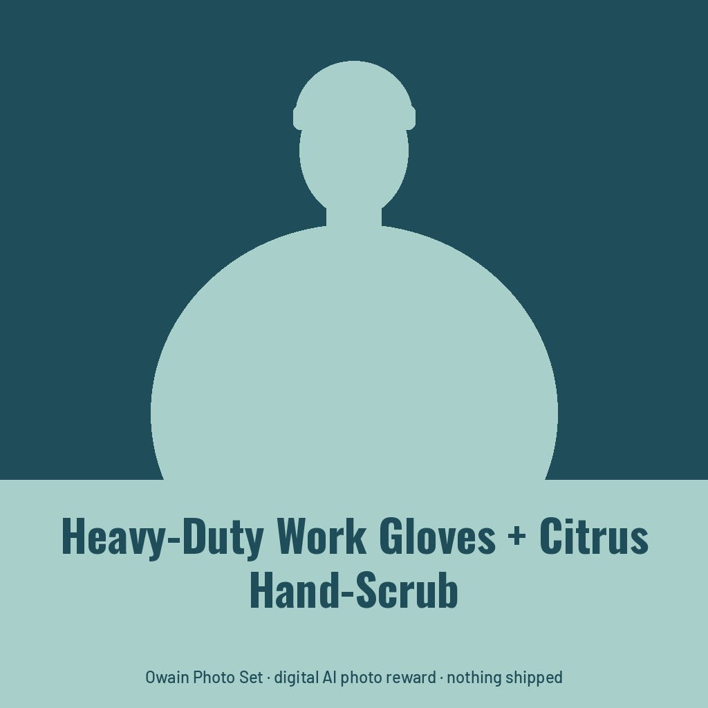 Owain Treharne, AI persona: simple illustrated graphic for Heavy-Duty Work Gloves + Citrus Hand-Scrub (placeholder, invented unbranded, no real person)