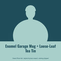 Owain Treharne, AI persona: simple illustrated graphic for Enamel Garage Mug + Loose-Leaf Tea Tin (placeholder, invented unbranded, no real person)