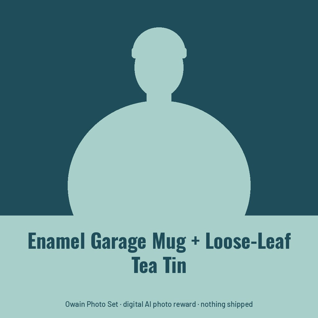 Owain Treharne, AI persona: simple illustrated graphic for Enamel Garage Mug + Loose-Leaf Tea Tin (placeholder, invented unbranded, no real person)