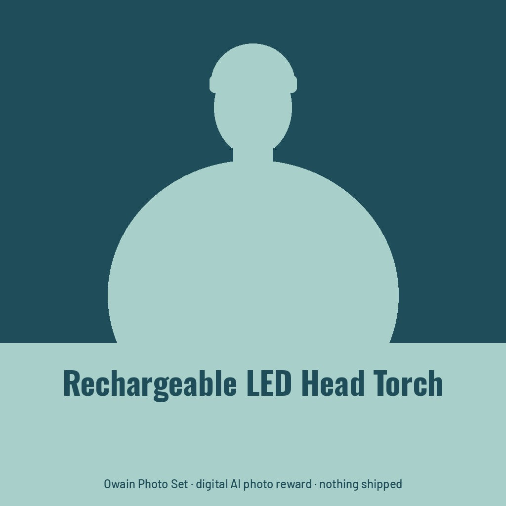 Owain Treharne, AI persona: simple illustrated graphic for Rechargeable LED Head Torch (placeholder, invented unbranded, no real person)